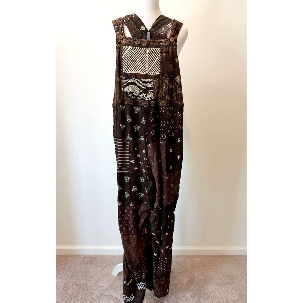 Blue Sky Clothing Patchwork Overalls Womens L Brown Boho Wide Leg Jumpsuit